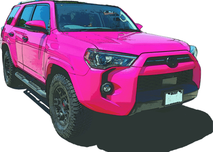 Hot pink Toyota 4Runner SUV, customized with vibrant color wrap to give it a feminine aesthetic. 