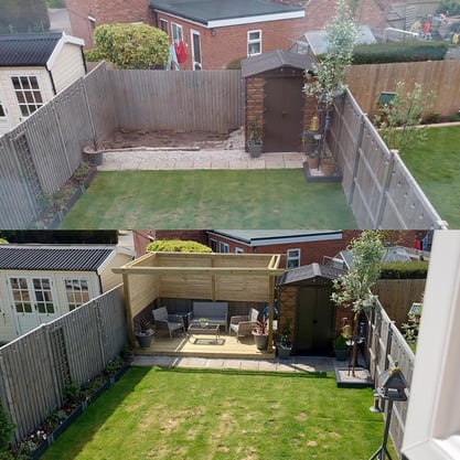 bnefore and after of a party deck with open pergola and built in privacy screens