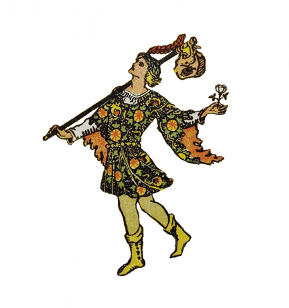 Tarot Fool Card a young man in a florol top holding a white rose and a napsack on a stick