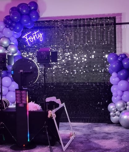 Black shimmer wall Forty neon sign in photo booth setup at Fitys Loganholme for Lisa's 40th Birthday