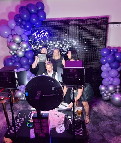 5 people striking a pose in the digital photo booth with a black shimmer backdrop, purple balloon garland, and 40th Birthday 