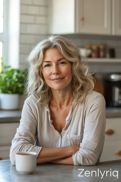 woman sitting calmly in a modern kitchen, portraying confidence and comfort with gut health