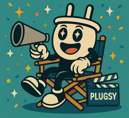 Plugsy sits in a director’s chair holding a megaphone, surrounded by floating video clips and a glow