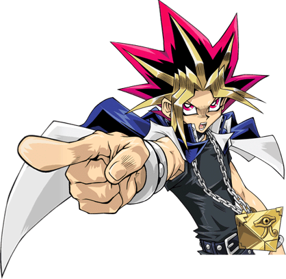 personagem yugi do jogo de cartas yu-gi-oh apontando o dedo e mandando você ver as novas cartas