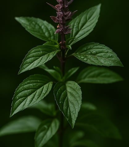 Basilic thaï bio aux feuilles pointues et fleur centrale, symbole d'obsession végétale