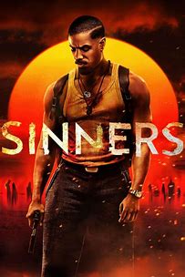 Black man standing in backdrop of moon with the word SINNERS written across chest
