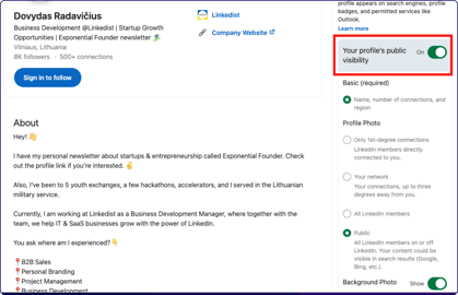 LinkedIn profile's visibility