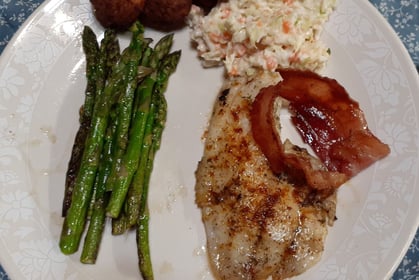 tilapia w bacon, slaw, asparagus and keto hushpuppies