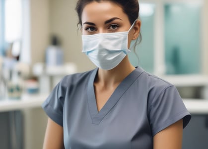 Two dental professionals perform a procedure on a patient. One is wearing specialized eyewear and is focused on using a dental instrument. The patient lies in a dental chair, wearing a protective bib.