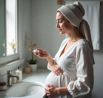 Pregnant woman applying skincare, using safe beauty products
