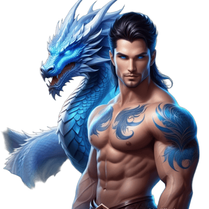 a male model with a blue dragon tattoo on his chest