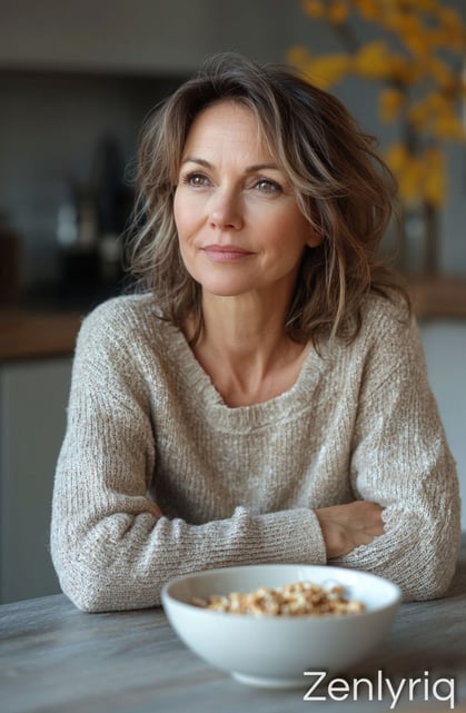 thoughtful woman having breakfast with oats, representing support for healthy blood sugar levels