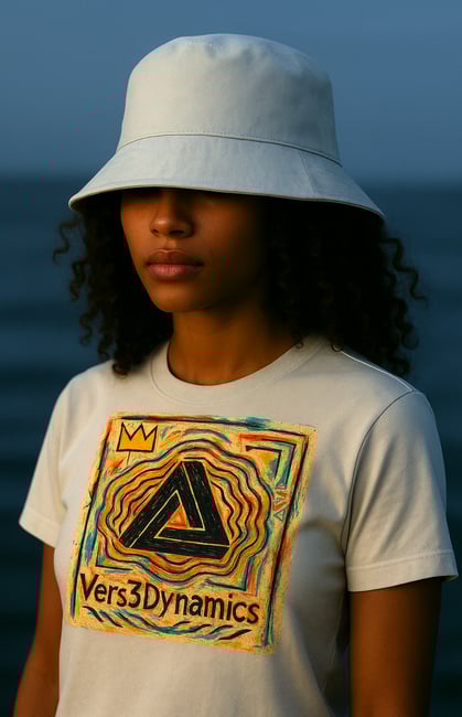 a woman in the DMV wearing a hat and a white t - shirt rockin Vers3Dynamics merch