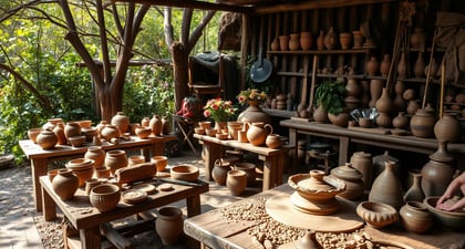 A rustic pottery workshop surrounded by wild nature, featuring an assortment of clay pots and tools