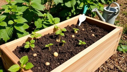 A rustic wooden potato box filled with rich soil, freshly planted potato seeds peeking out.