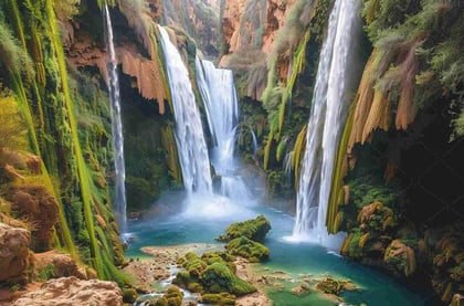 tourisme maroc marrakech region Vue spectaculaire des cascades d'Ouzoud, les plus hautes chutes d'eau du Maroc, entourées de 