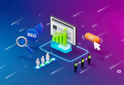 Embudo de conversión digital con gráfico de barras ascendentes, iconos de SEO y UX, lupa de búsqueda y siluetas de usuarios, 