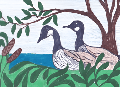 Riverhaven Books logo of geese and river