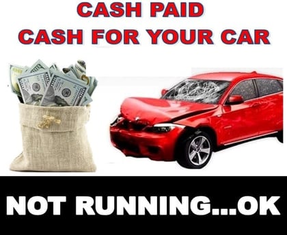 Red crashed car and bag of money for scrapyard near me