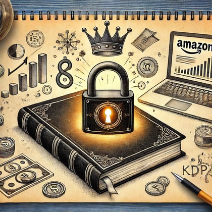Manuscrit protégé par un cadenas lumineux, entouré de pièces symbolisant les royalties