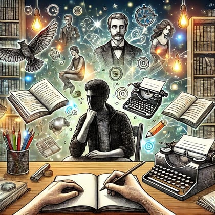 auteur entouré de personnages fictifs et d’éléments créatifs, symbolisant l’imaginaire et la passion