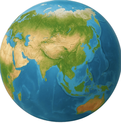 A digital illustration of a world globe with a focused zoom on Asia, highlighting countries like Vie