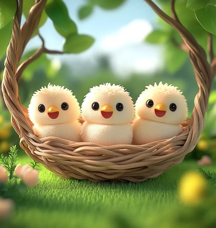 Drie kleine kuikentjes in een nestje