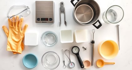 soap making equipment including digital scale, rubber gloves, and various containers and utensils