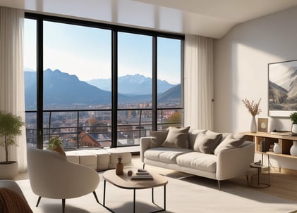 alt="Salon propre avec vue sur les montagnes, illustrant les prestations de nettoyage textile à domi