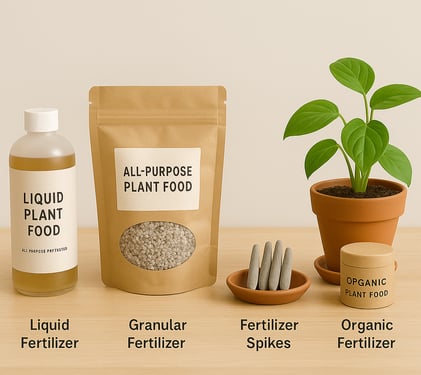 Four types of plant fertilizer—liquid, granular, spikes, and organic—displayed beside a potted plant