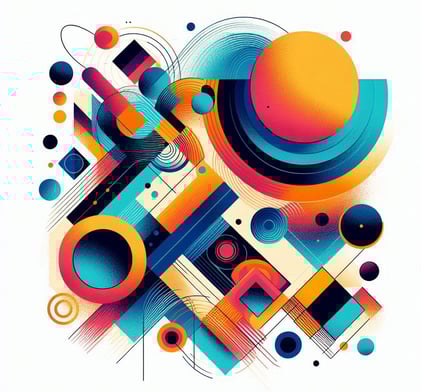 a colorful abstract art piece with a bright orange and blue background