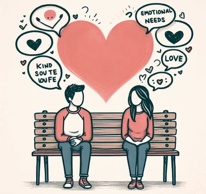 a man and woman sitting on a bench with speech bubbles