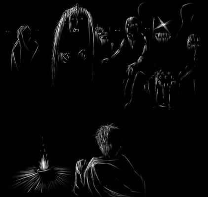 black and white image of monsters coming to get child in the dark