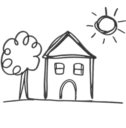 A child-like drawing of a house, tree and sun to demonstrate charity
