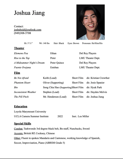 joshua jiang acting resume