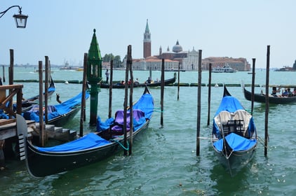 Gondolas in Venice, Italy with Piazza San Marco in the background