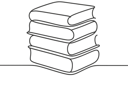 A minimalist line drawing of a stack of books shown in profile, with varying heights and thicknesses