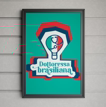 Quadro com logo de médica com balão, bandeira da Italia e estetoscópio 