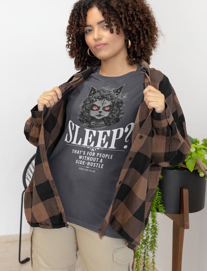 vivid calm designs, side gig club, Sleepless Hustle: No Sleep, Just Side Gigs, black cat