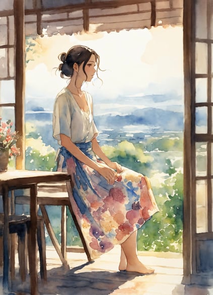 a japanese woman sitting on a table with a flowered skirt