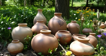 Various pieces of wild clay pottery, showcasing different shapes and textures