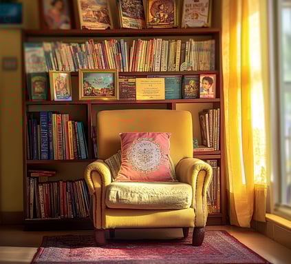 a chair with a pillow on it and a home library