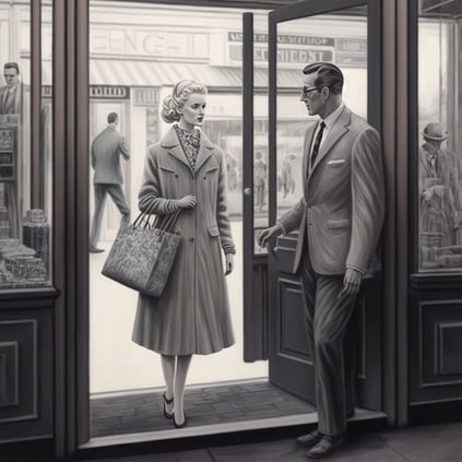 Man letting lady first through the door