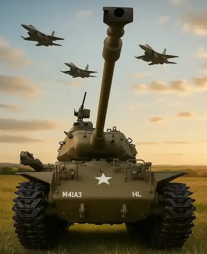 Tanque Walker Bulldog a control remoto con aviones de fondo
