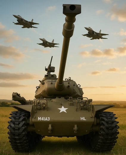 Tanque Walker Bulldog a control remoto con aviones de fondo