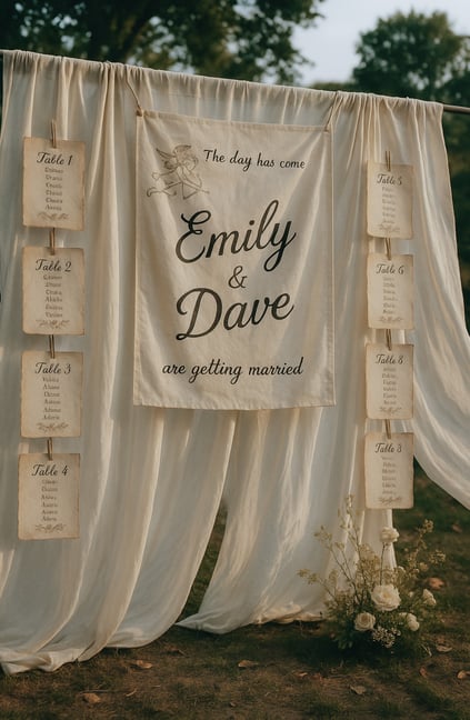 a sitting plan with a white curtain draped over a white curtain