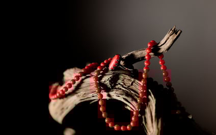 a red beaded necklace with beads on a branch