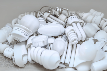 A collection of energy-efficient light bulbs, including LED and compact fluorescent options