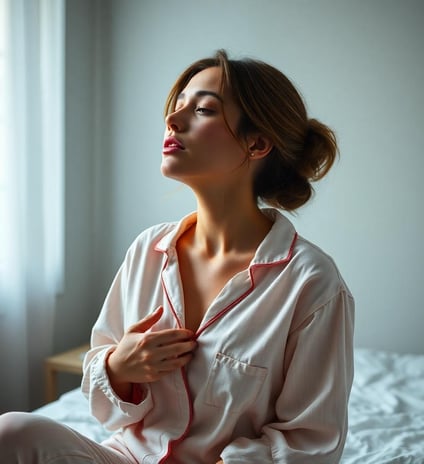 woman taking a deep breath while wearing pajamas