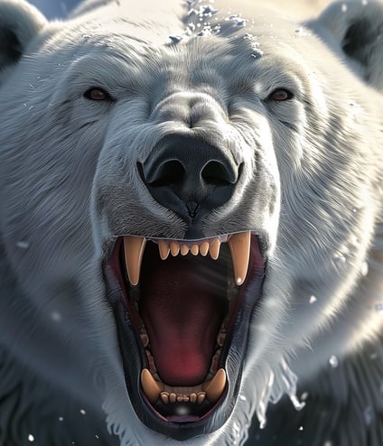 A polar bear roars showing its teeth